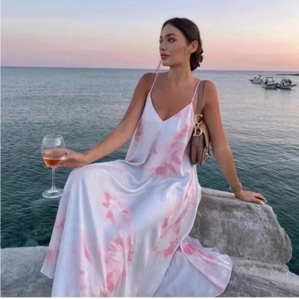 Zara Satin Pink and White Maxi Dress